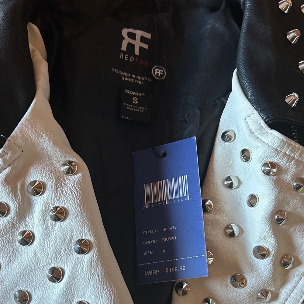 NWT RedFox Black White Graffiti Studded Moto Cropped Faux Leather Jacket Size S - Picture 3 of 14